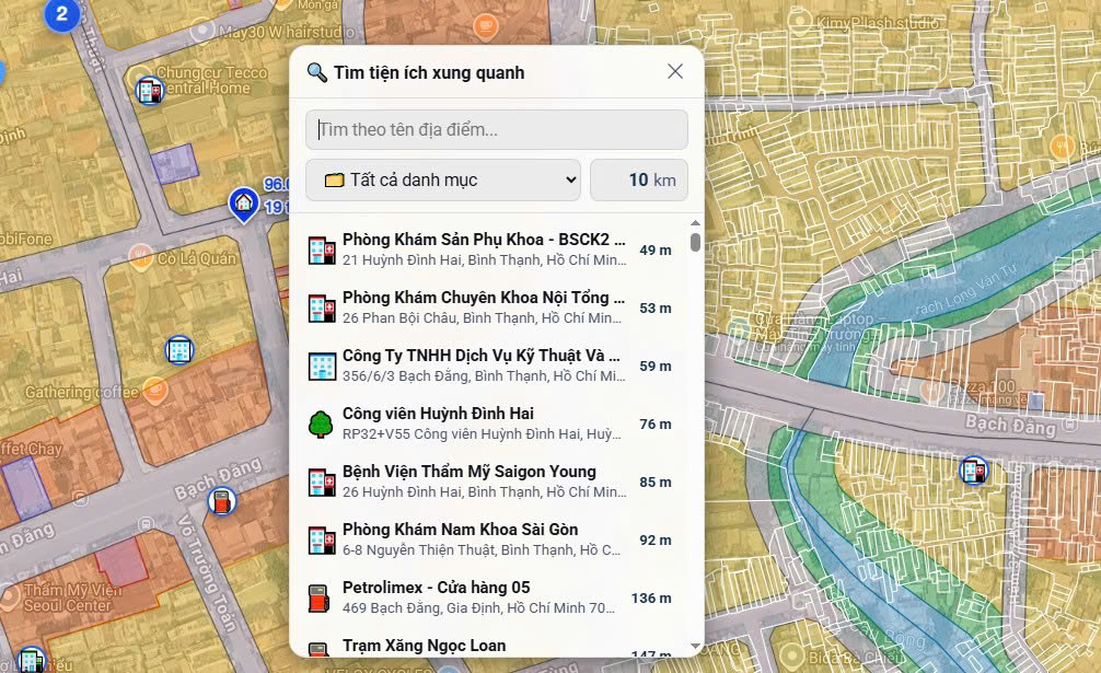 Danh s&aacute;ch tiện &iacute;ch quanh vị tr&iacute; chọn tr&ecirc;n Bản Đồ BĐS 360