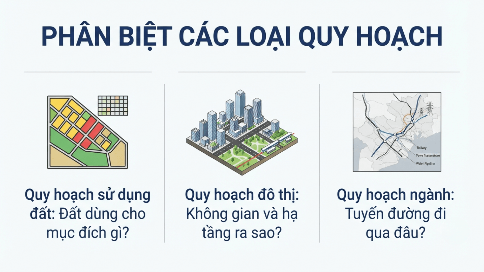 Ph&acirc;n biệt nhanh giữa quy hoạch sử dụng đất, quy hoạch đ&ocirc; thị v&agrave; quy hoạch ng&agrave;nh hạ tầng
