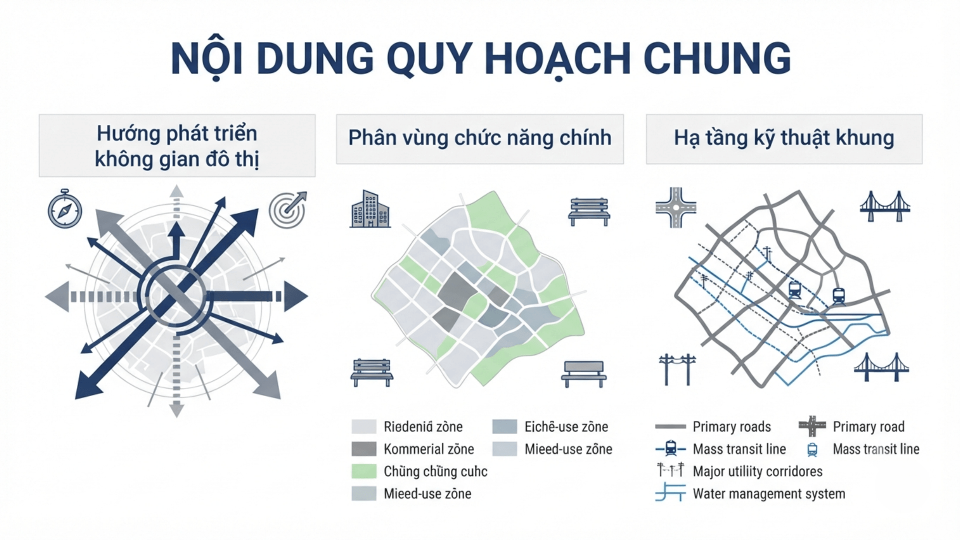 Trọng t&acirc;m của quy hoạch chung như kh&ocirc;ng gian ph&aacute;t triển, ph&acirc;n v&ugrave;ng chức năng v&agrave; hạ tầng khung